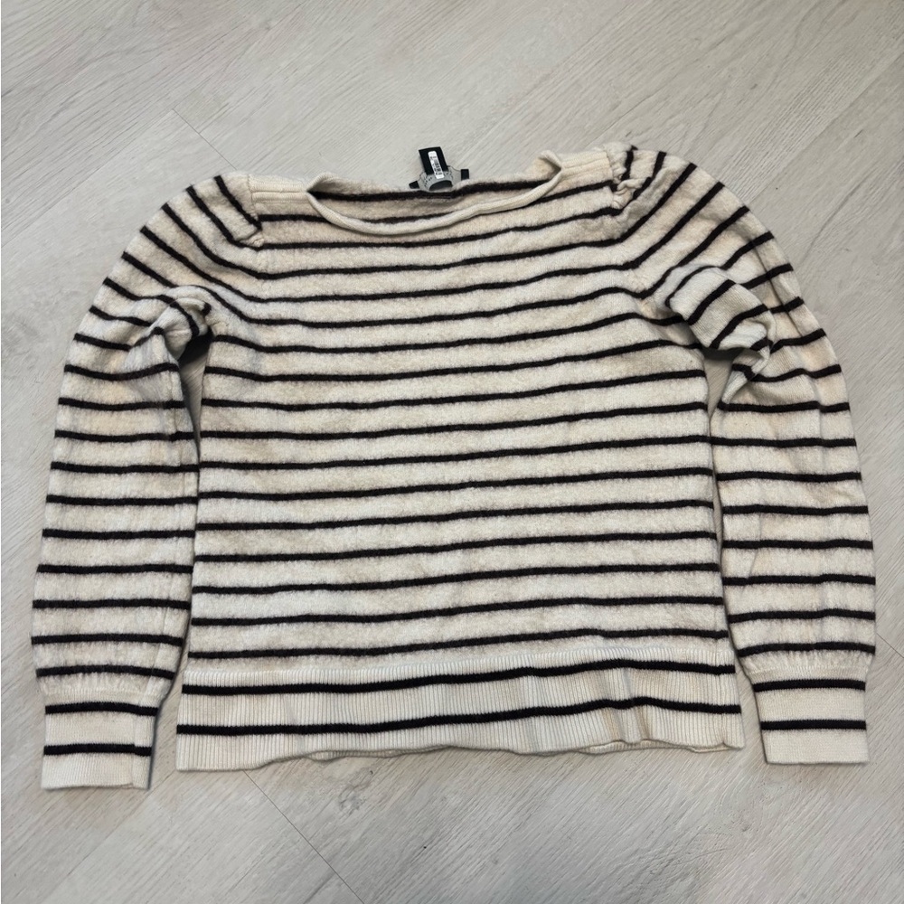 Ann Taylor Black and Cream Striped Merino Wool Sweater